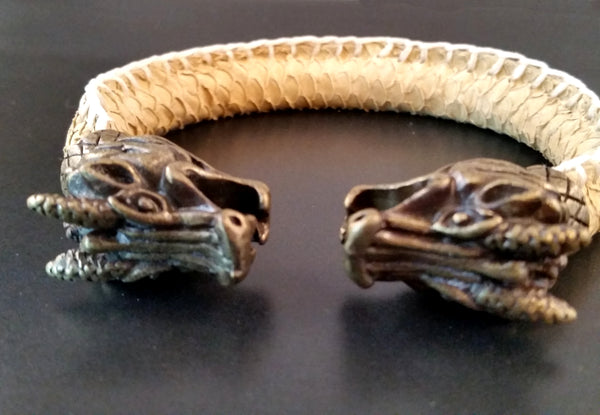 Dragon Scale Leather Bronze Bracelet Torc Beige