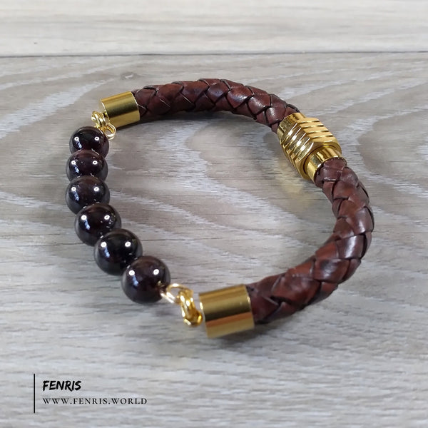 garnet bracelet mens leather gold