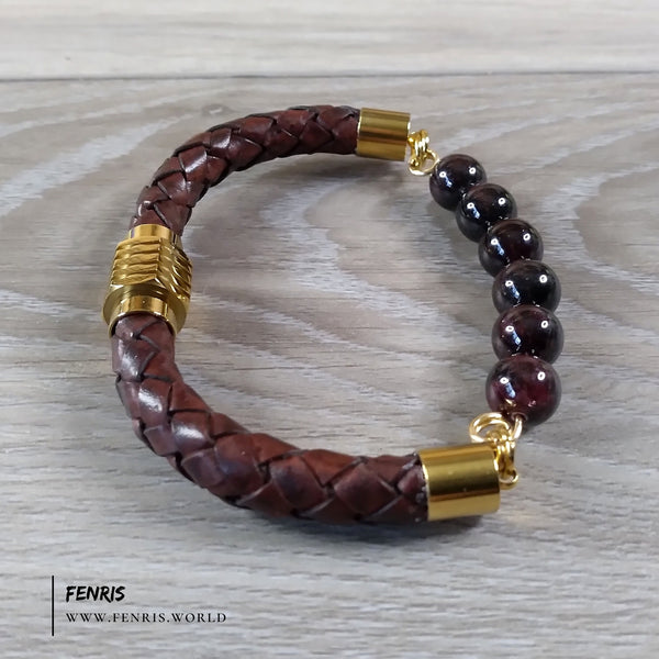 garnet bracelet mens leather gold