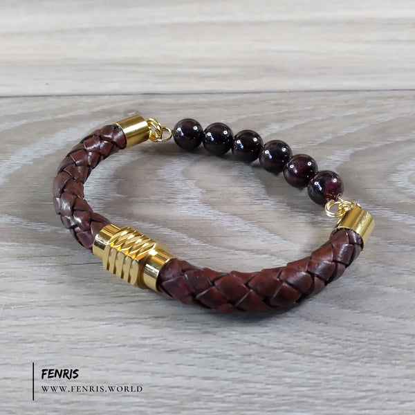 garnet bracelet mens leather gold