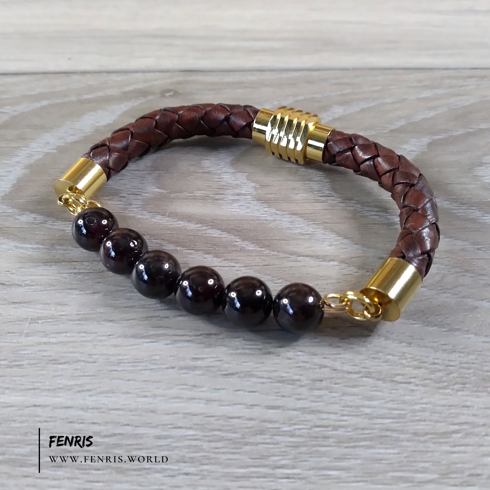 garnet bracelet mens leather gold