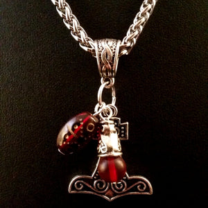 silver red glass charm necklace thor's hammer LARP boho Viking
