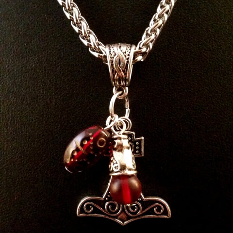 silver red glass charm necklace thor's hammer LARP boho Viking