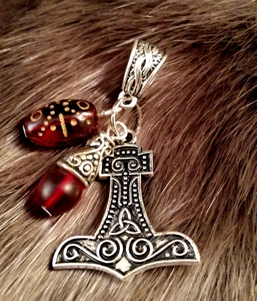 silver red glass charm necklace thor's hammer LARP boho Viking