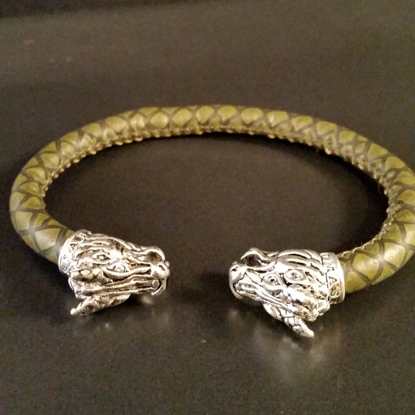 Bracelet Leather Green Dragon Silver