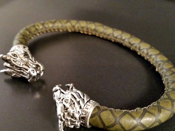 Bracelet Leather Green Dragon Silver