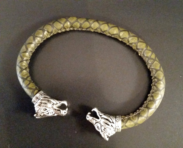 Bracelet Leather Green Dragon Silver