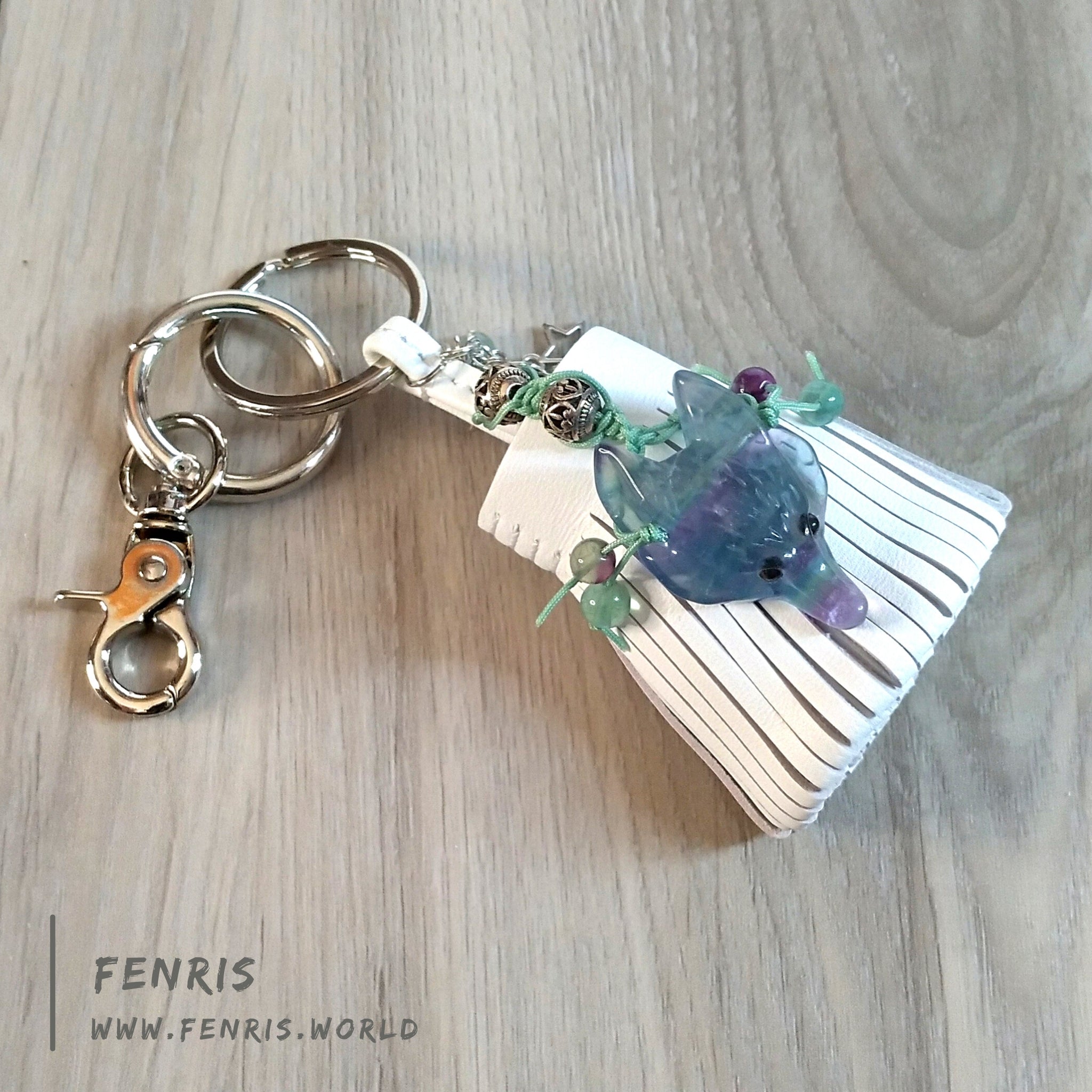 key chain keychain leather tassel white fluorite wolf purple blue