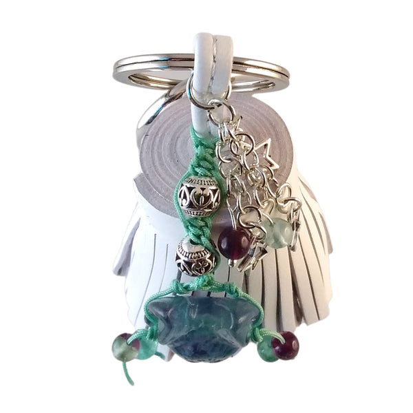 wolf keychain white leather tassel fluorite green purple blue bag charm