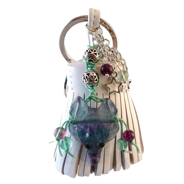 wolf keychain white leather tassel fluorite green purple blue bag charm