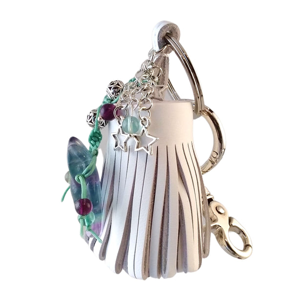 wolf keychain white leather tassel fluorite green purple blue bag charm