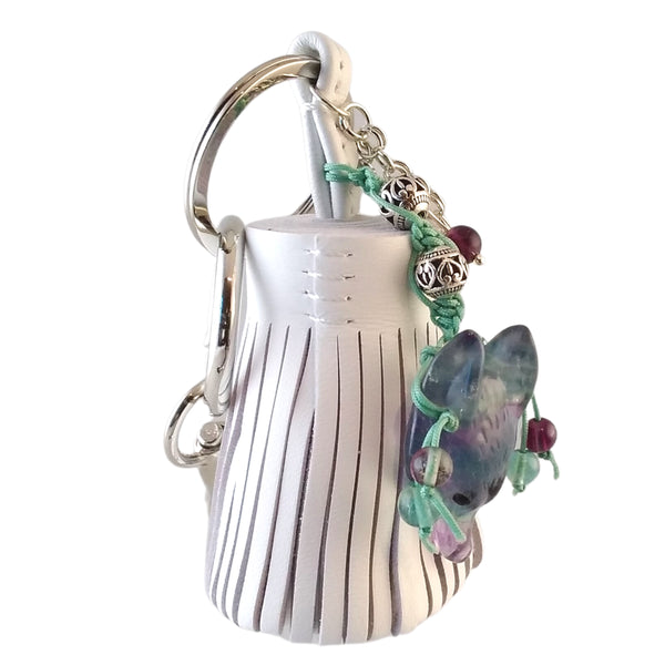 wolf keychain white leather tassel fluorite green purple blue bag charm