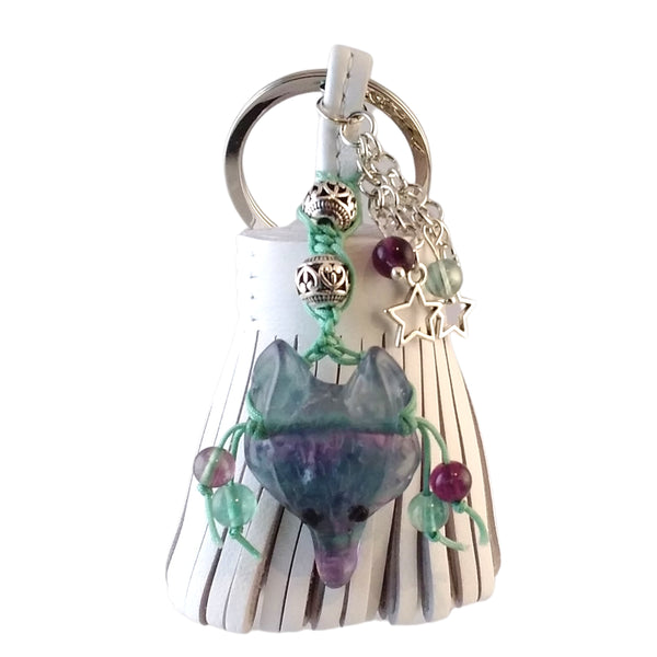 wolf keychain white leather tassel fluorite green purple blue bag charm
