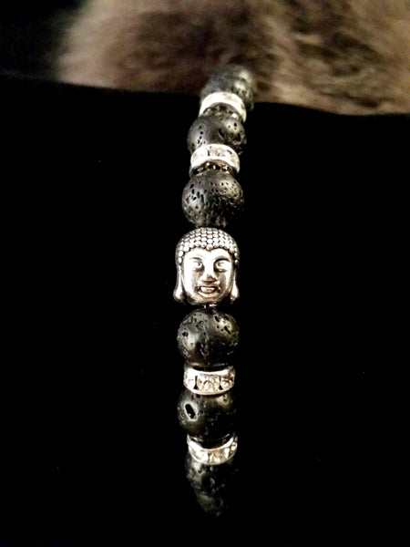 Bead Bracelet Lava Stone Black Silver Buddha Yoga Energy Bracelet