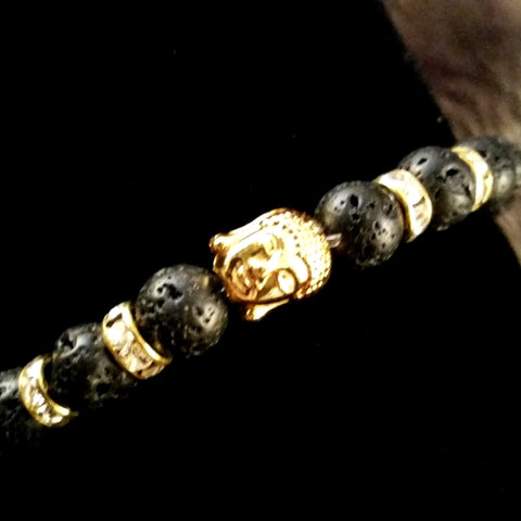Bead Bracelet Lava Stone Black Gold Buddha Yoga Energy Bracelet