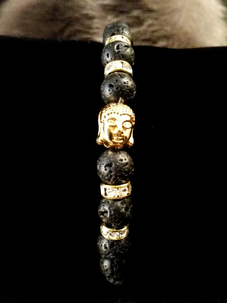 Bead Bracelet Lava Stone Black Gold Buddha Yoga Energy Bracelet