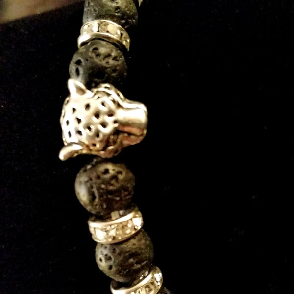 Bead Bracelet Black Lava Stone Silver Crystal Leopard Yoga Energy Bracelet