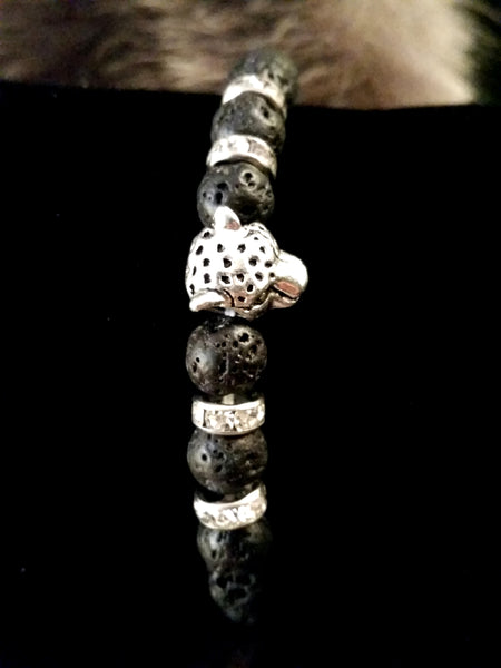 Bead Bracelet Black Lava Stone Silver Crystal Leopard Yoga Energy Bracelet