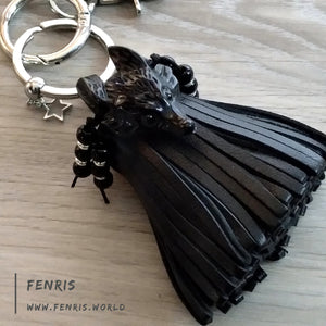 black wolf keychain obsidian leather