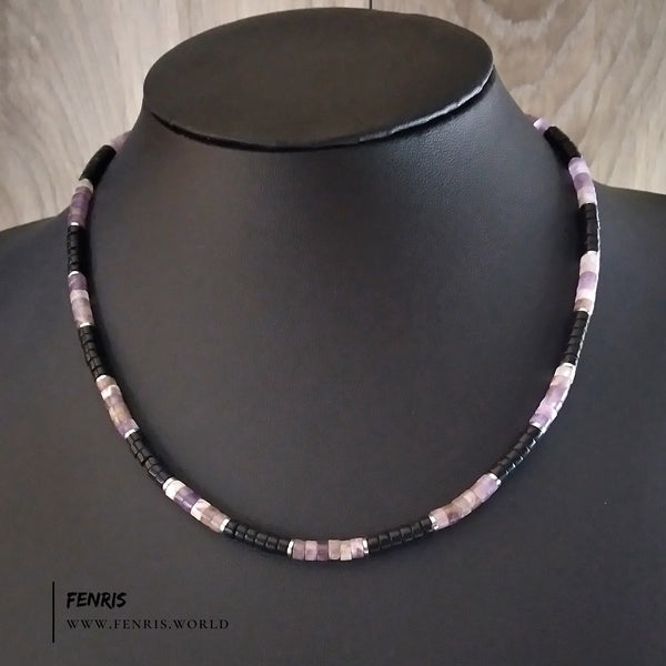 purple amethyst necklace black agate surfer heishi