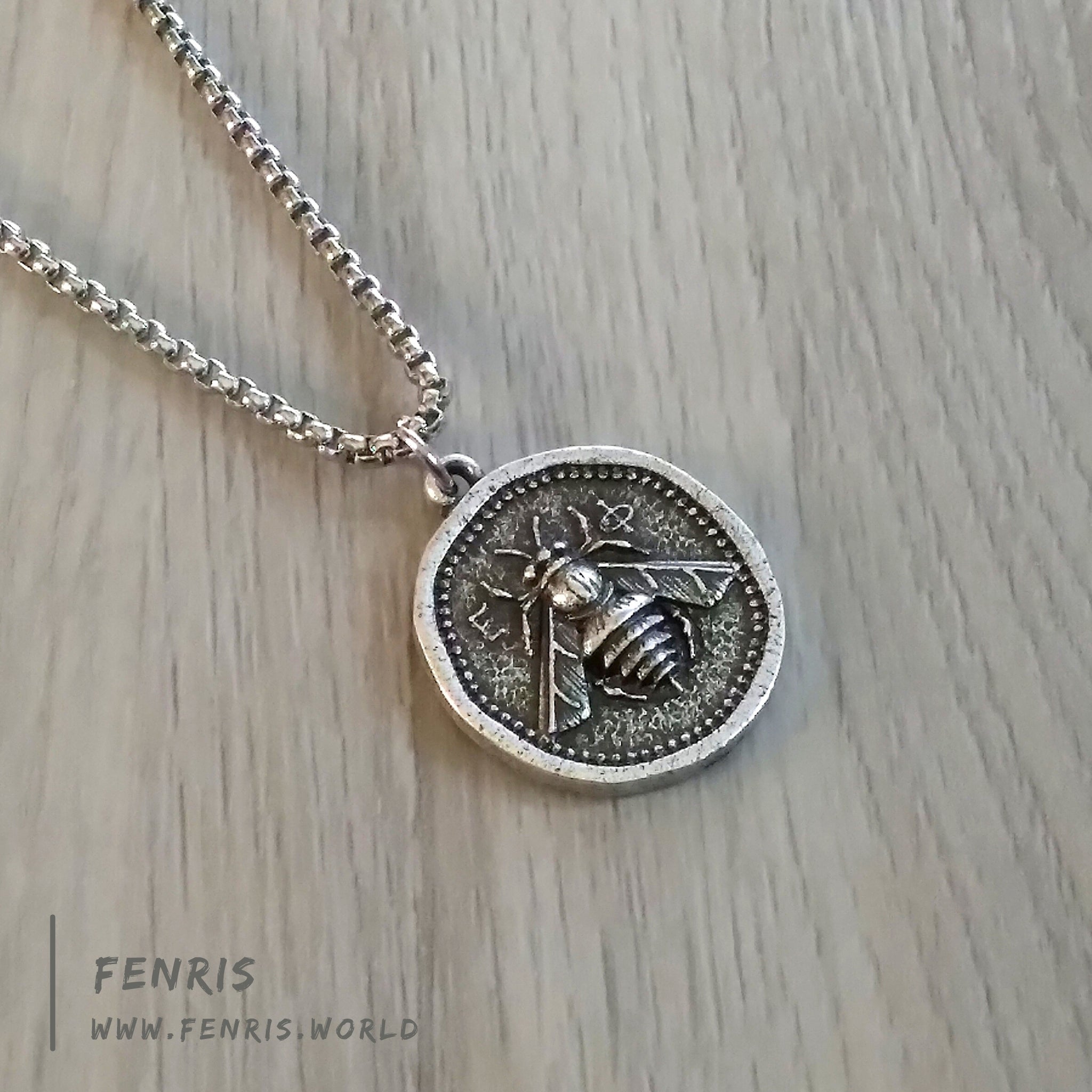 necklace silver greek bee coin mens womens