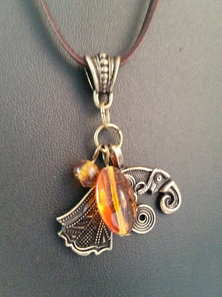 necklace bronze raven brown leather amber viking