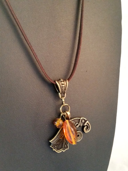 necklace bronze raven brown leather amber viking