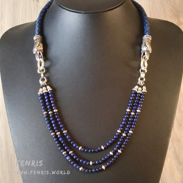 necklace lapis lazuli multi strand blue silver raven leather womens
