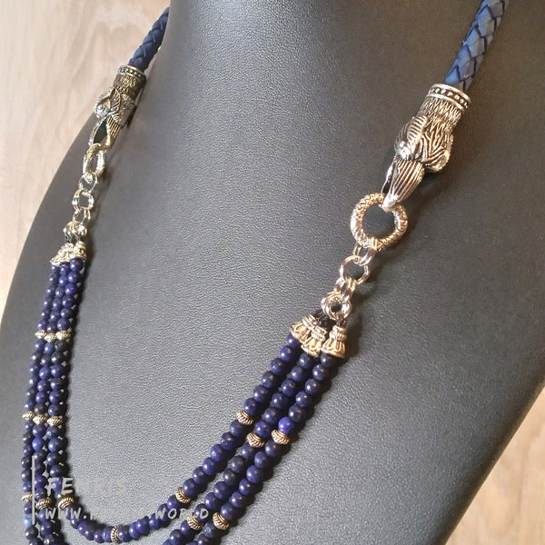 necklace lapis lazuli multi strand blue silver raven leather womens