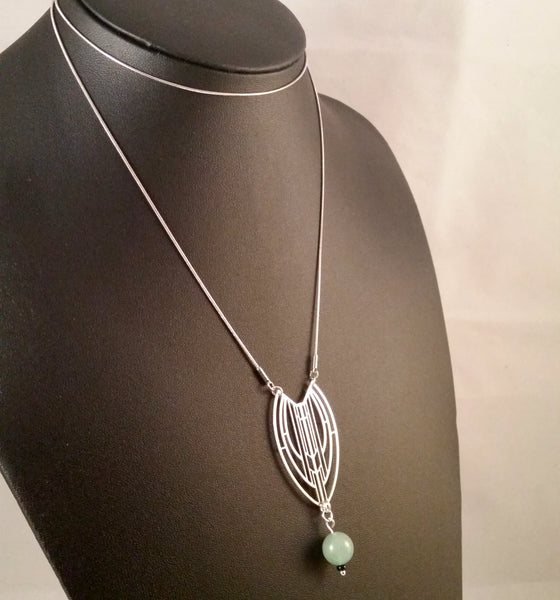 necklace silver art deco jade obsidian green black long
