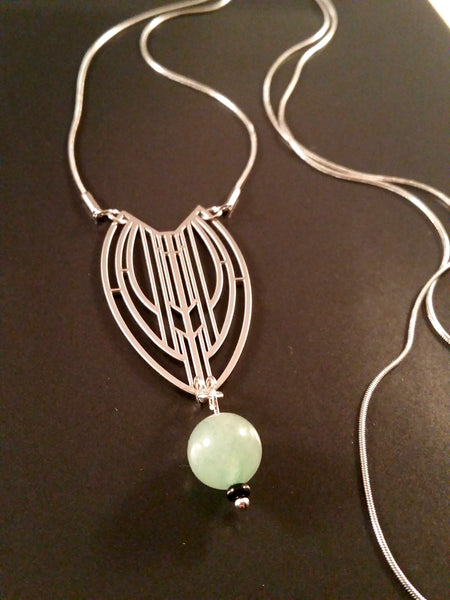 necklace silver art deco jade obsidian green black long