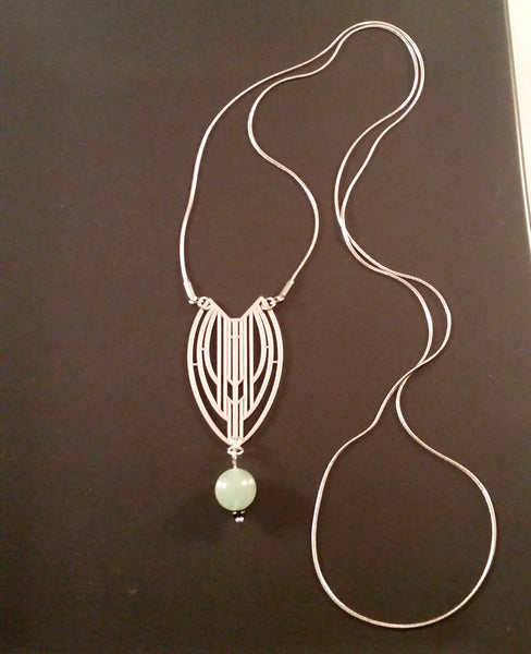 necklace silver art deco jade obsidian green black long