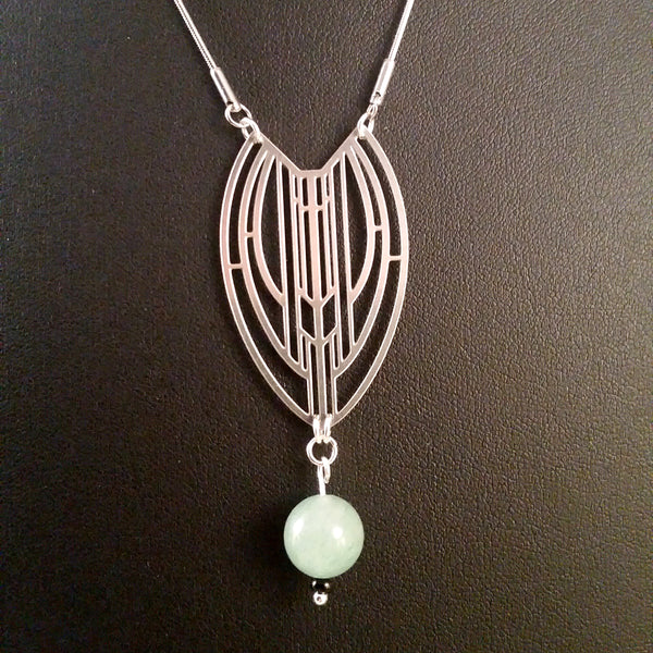 necklace silver art deco jade obsidian green black long