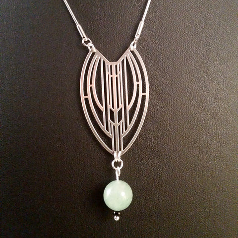necklace silver art deco jade obsidian green black long