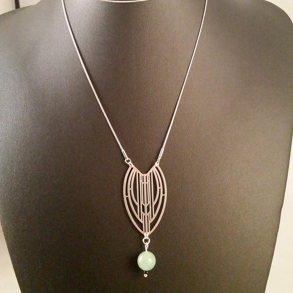 necklace silver art deco jade obsidian green black long