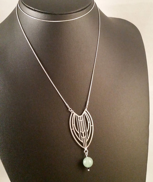necklace silver art deco jade obsidian green black long