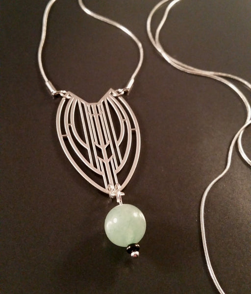 necklace silver art deco jade obsidian green black long