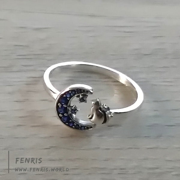 925 silver ring moon cat blue cubic zirconia adjustable