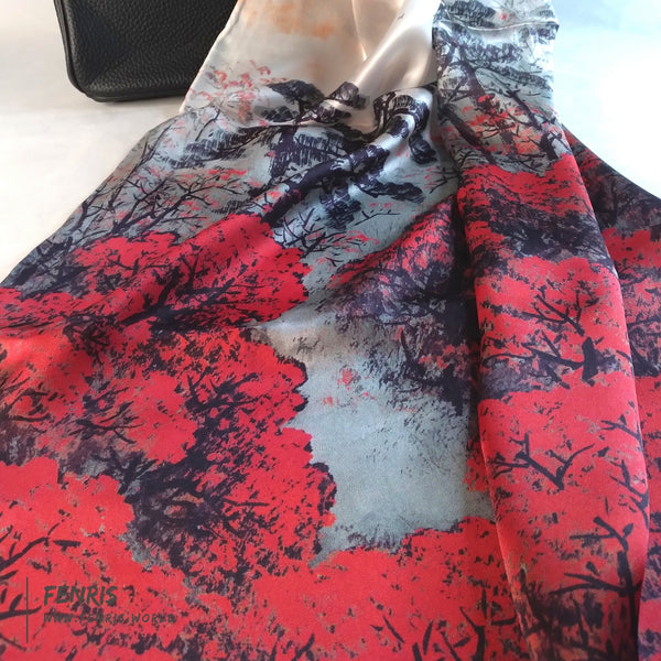 scarf silk long red black trees forest