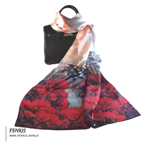 scarf silk long red black trees forest