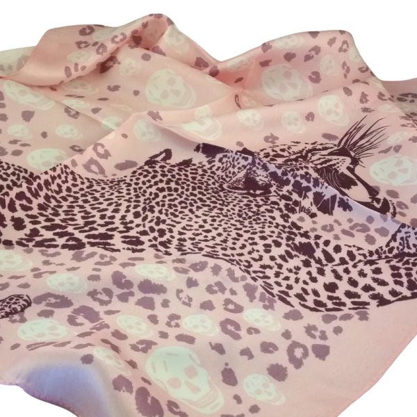 Silk Skull Scarf Pink Leopard