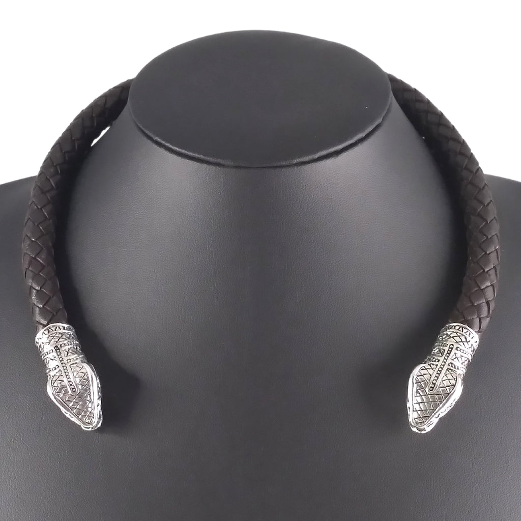 Snake Torc Necklace Silver Brown Leather – Fenris