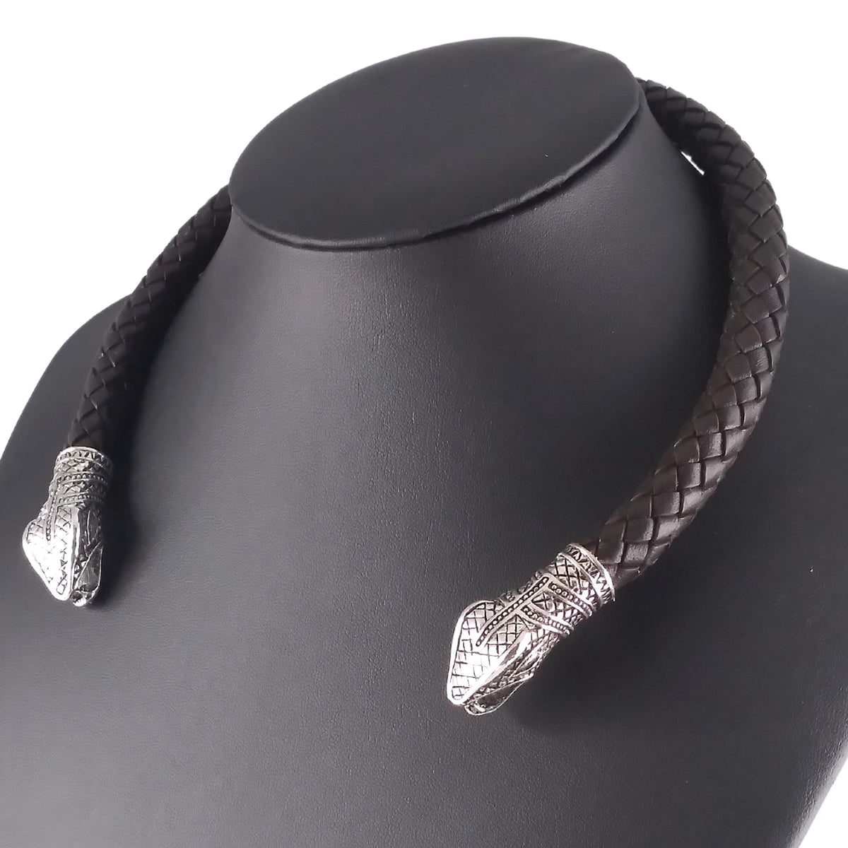 Snake Torc Necklace Silver Brown Leather – Fenris