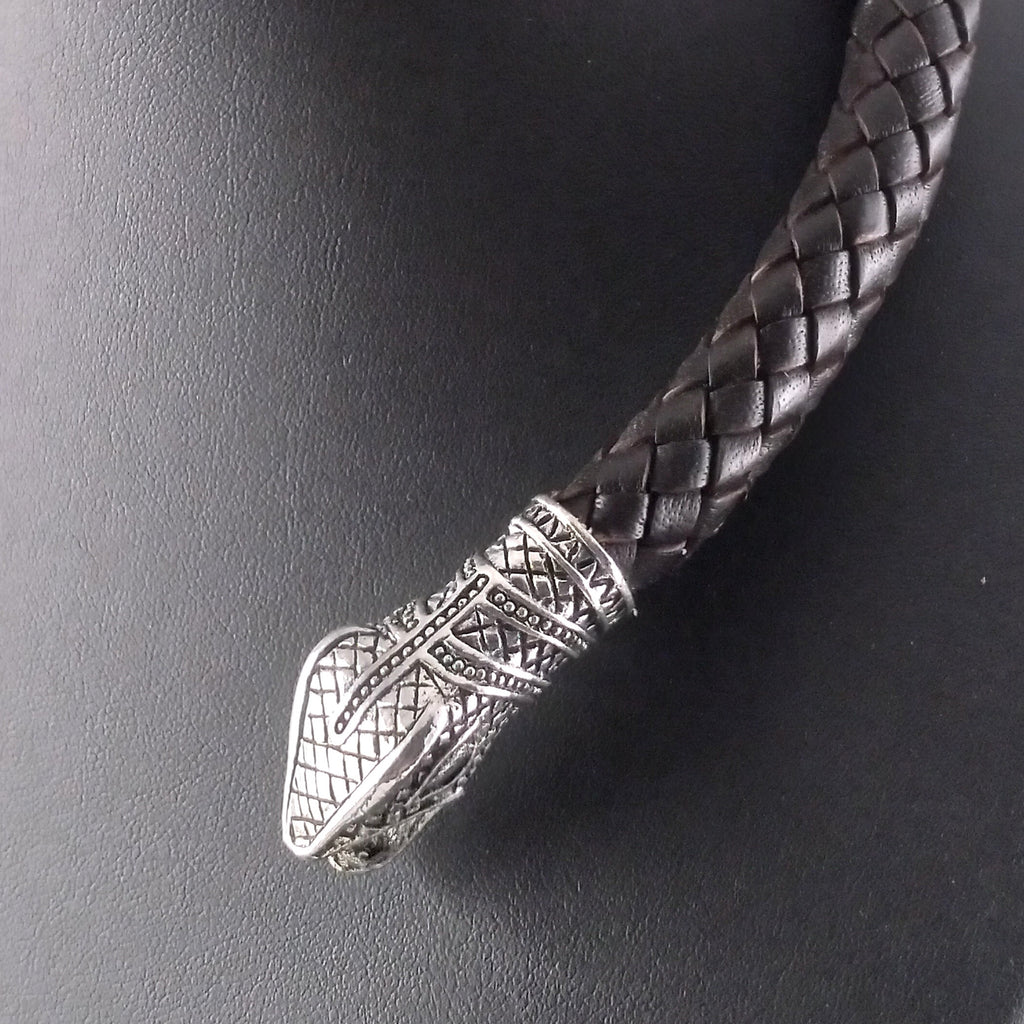 Snake Torc Necklace Silver Brown Leather – Fenris