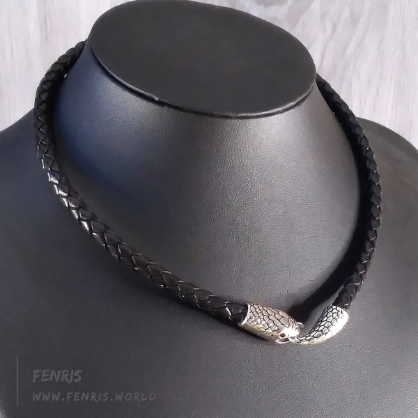 snake choker necklace silver black leather mens
