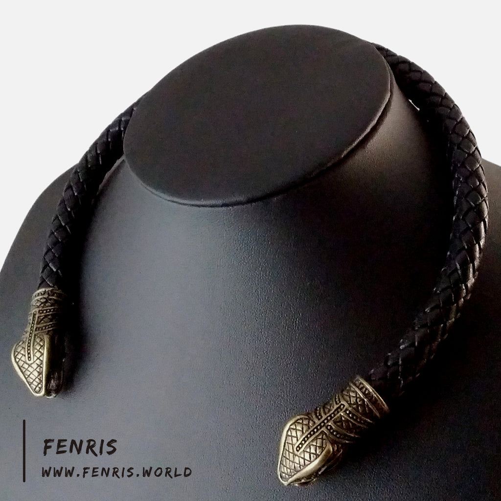 Snake Torc Necklace Bronze Black Leather – Fenris