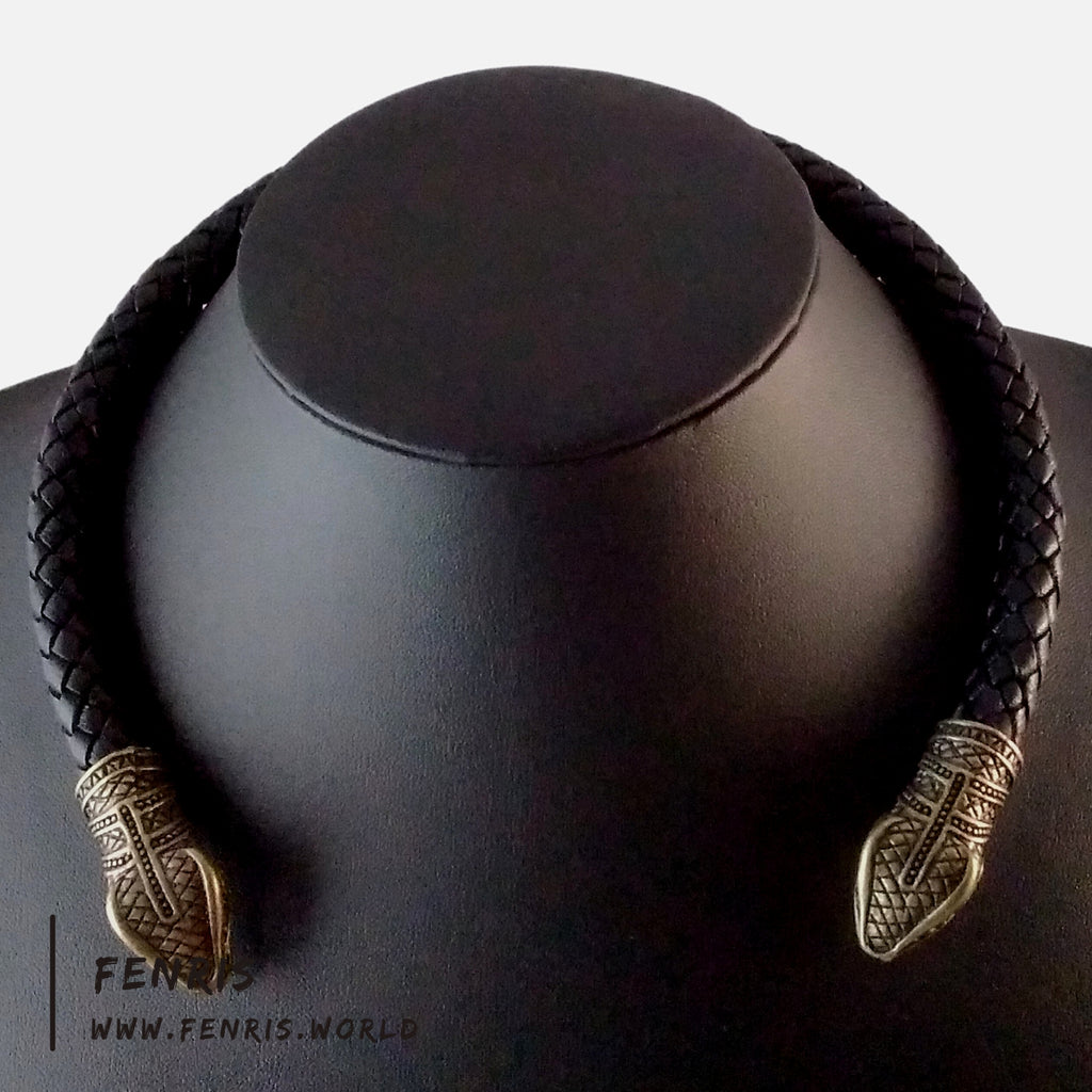 Snake Torc Necklace Bronze Black Leather – Fenris