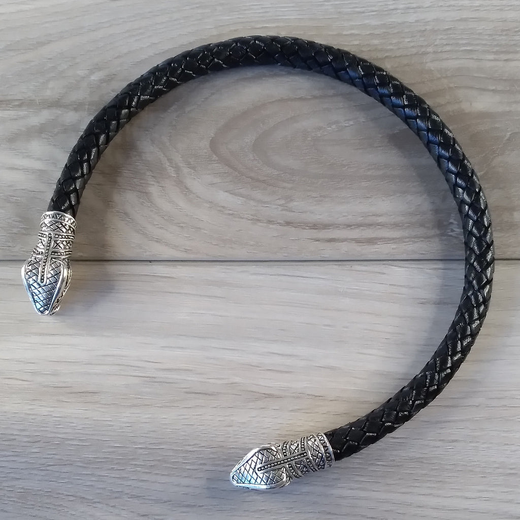 Snake Torc Necklace Silver Black Leather – Fenris