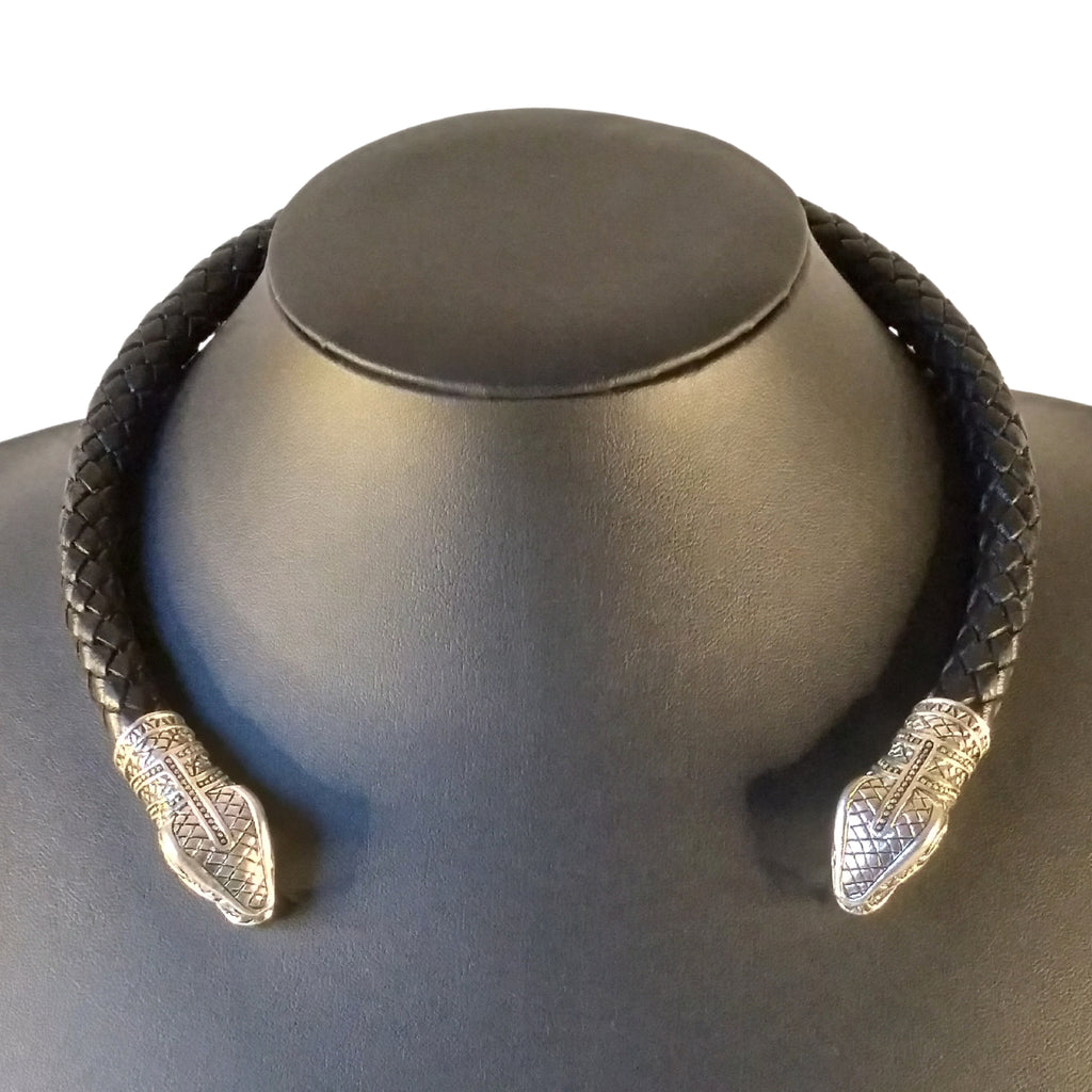 Snake Torc Necklace Silver Black Leather – Fenris