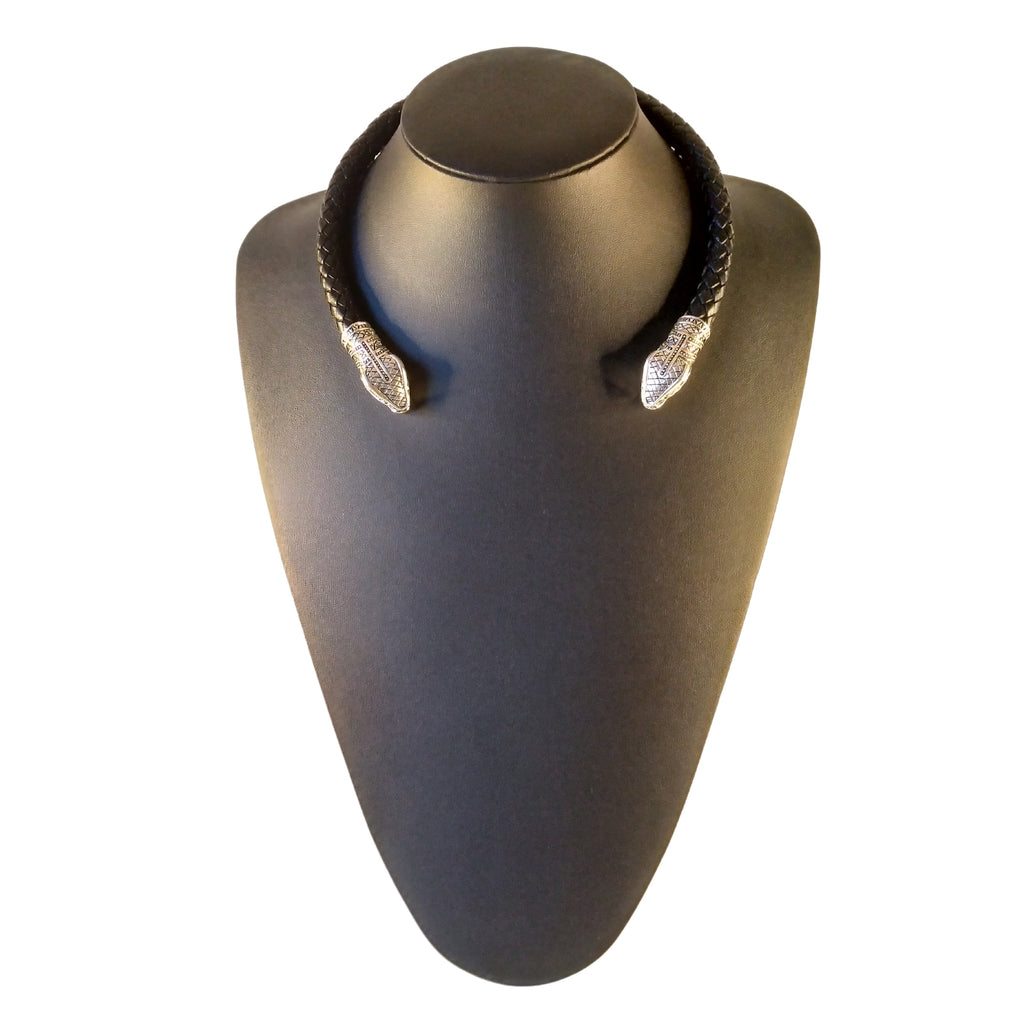 Snake Torc Necklace Silver Black Leather – Fenris